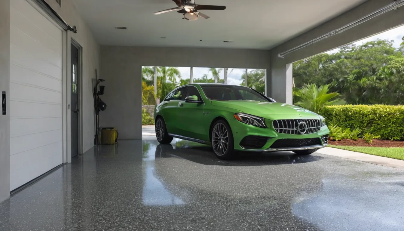 Provider rolling a fresh flake epoxy coating across a clean garage floor near Clermont