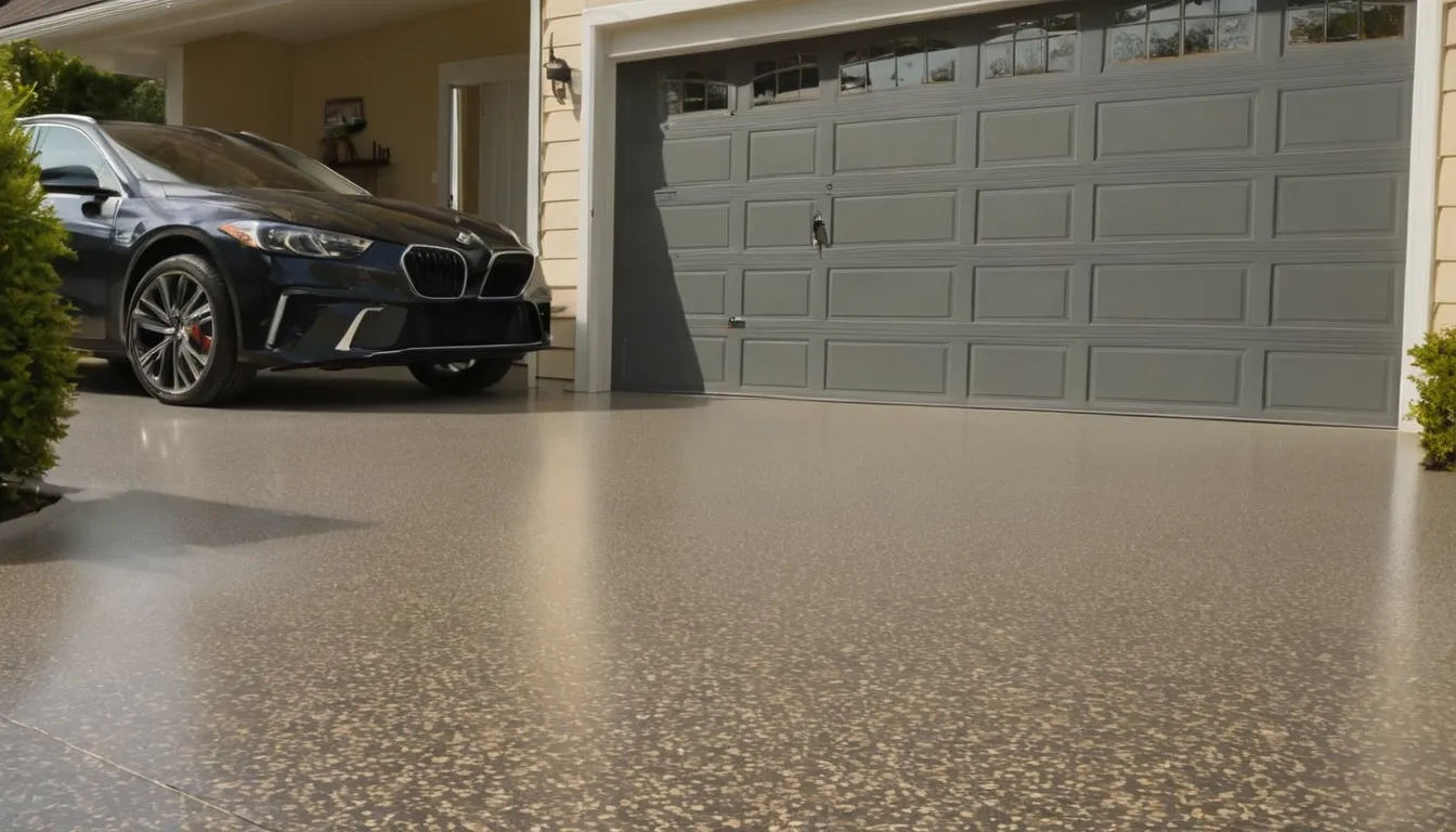 Polyaspartic coated garage floor with gray flakes in a Clermont home